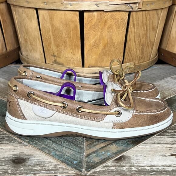 Sperry Angelfish Tan Gold Leather Canvas Lace-Up Boat Shoes Womens Size 5 - Picture 1 of 11